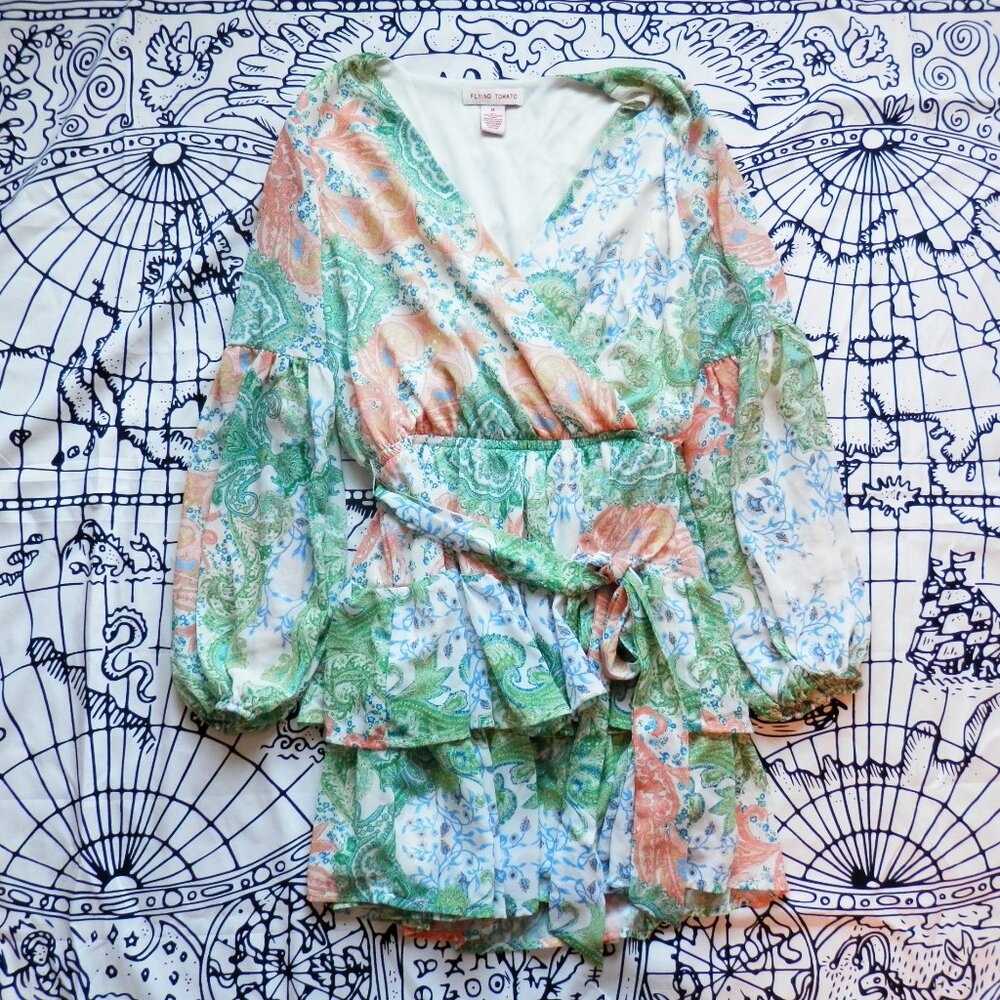 Flying Tomato || Paisley Long Sleeve & Layered  Ruffle Hem Mini Dress - Picture 2 of 10